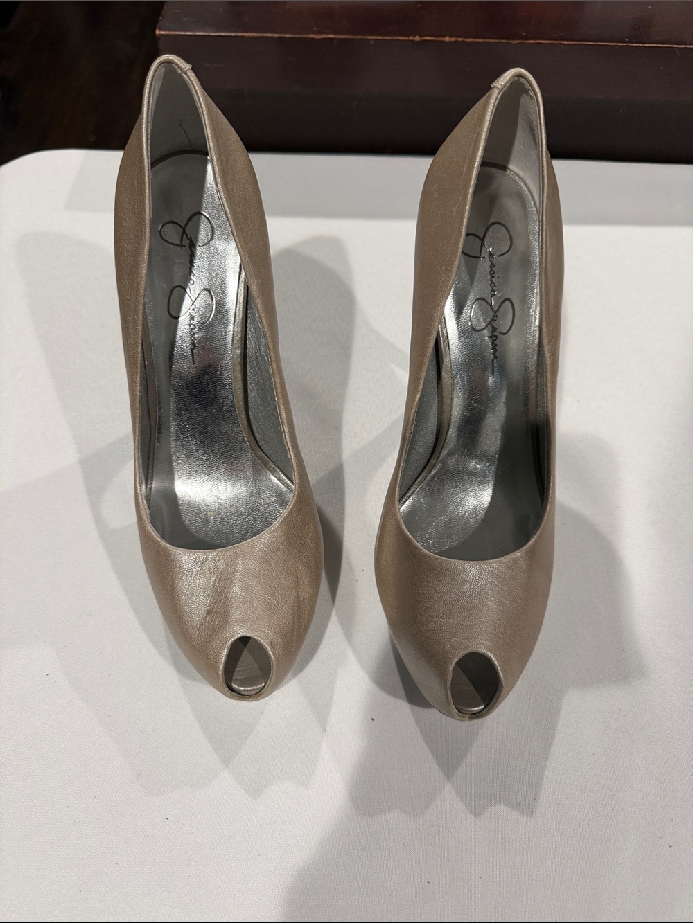 Jessica Simpson champagne Peep-Toe Leather Pumps